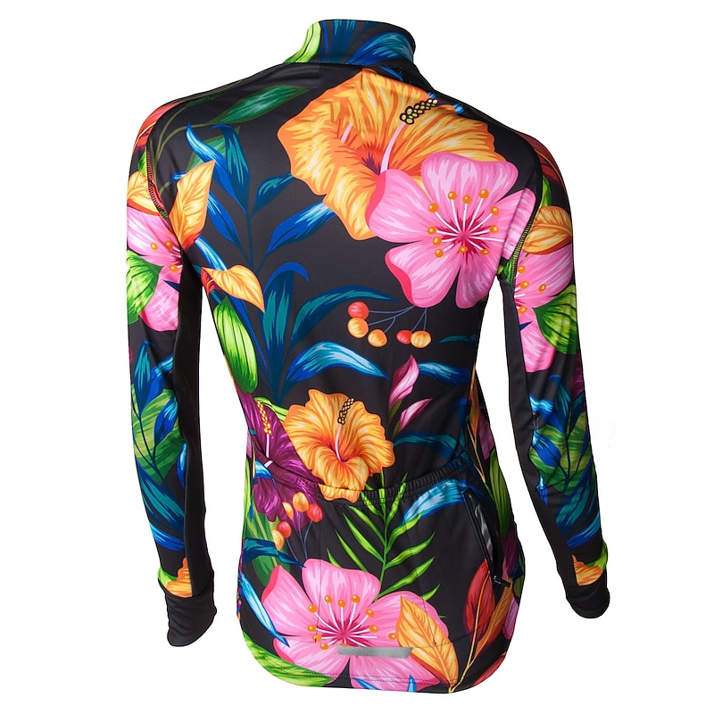 Women's Cycling Jersey Floral Botanical Long Sleeve Bike Jersey Top with 3 Rear Pockets Mountain Bike MTB Road Bike Cycling Quick Dry Reflective Strips Back Pocket Moisture Wicking Sports Yellow Red4