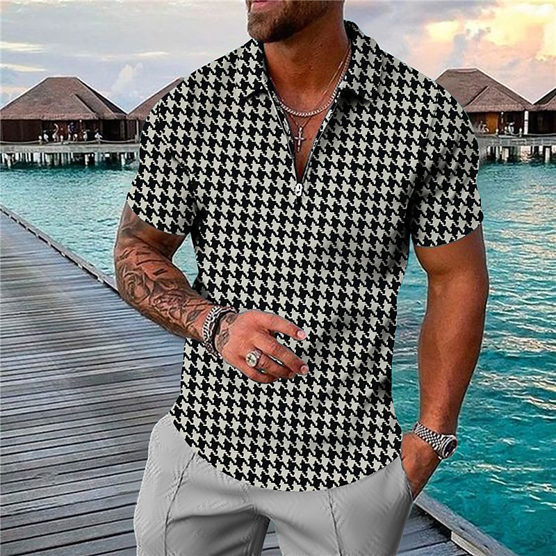 Men's Houndstooth Hawaiian Polo Shirts Golf Shirt Short Sleeve Polo Shirts Collared Shirts Casual Beach Wear Vacation Wear Party Outfits 3D Print Quarter Zip Polo Black