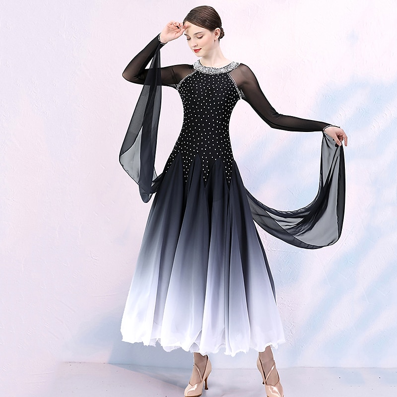 Ballroom Dance Competition  Dress Split Joint Crystals / Rhinestones Women's Training Performance Long Sleeve Mesh Spandex Chiffon