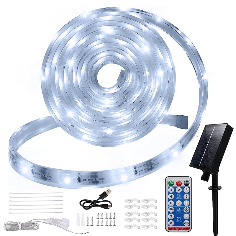 5m 16.4ft RGB Solar Rope Lights Outdoor Waterproof LED Strip Light 300 LEDs SMD2835 with Remote Control 8 Modes Color Changing USB Charging 1000mAh IP67 Decor Automatic Timed3