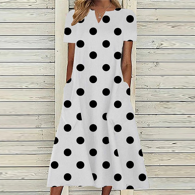 Women's Midi Dress Casual Dress Polka Dot Pocket Print V Neck Casual Daily Short Sleeve Summer Spring