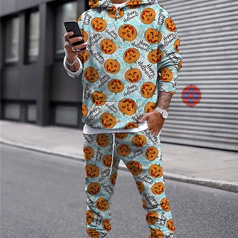 Men's Tracksuit Hoodies Set Blue Orange Red Black Hooded Graphic Skull 2 Piece Print Sports & Outdoor Casual Sports 3D Print Basic Streetwear Sportswear Fall Spring Clothing Apparel Hoodies4