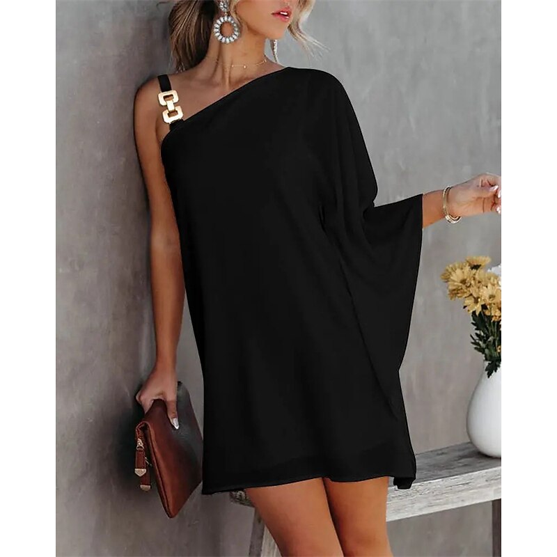 Women's Shift Dress Mini Dress Black White Fuchsia Long Sleeve Pure Color Cold Shoulder Summer Spring Fall One Shoulder Fashion Summer Dress Weekend Loose Fit 2023 S M L XL XXL2