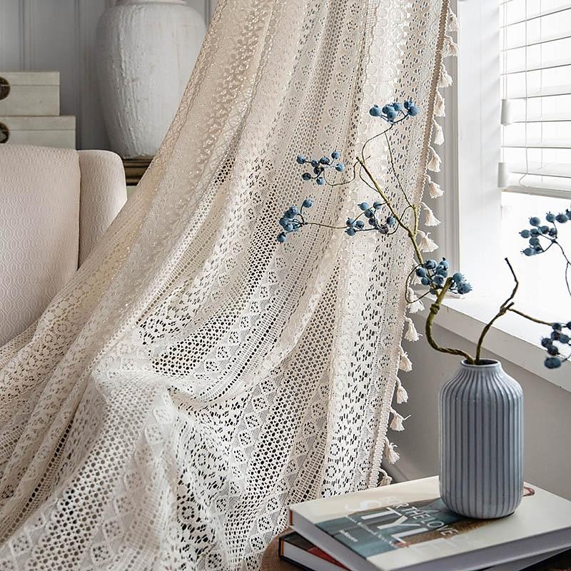 Boho Curtain 1 Panel White Farmhouse Curtain Drapes For Living Room Bedroom, Curtain for Kitchen Balcony Door Window Treatments With Tassels4