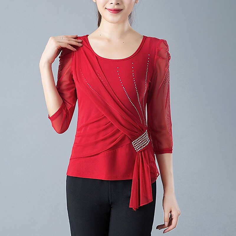 Ballroom Dance Top Ruching Crystals / Rhinestones Women's Training Performance 3/4 Length Sleeve Polyester