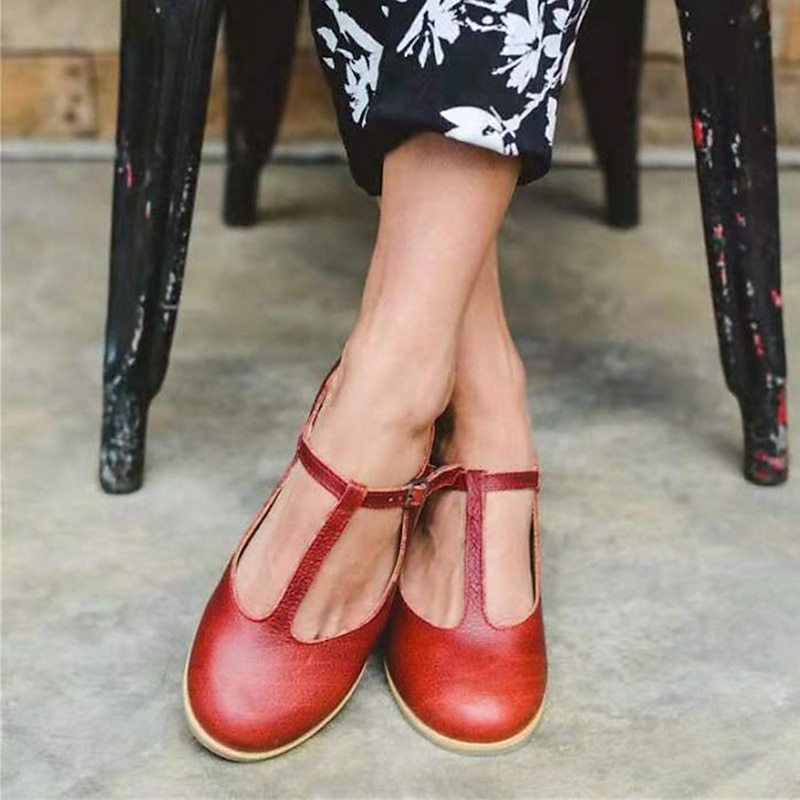 Women's Red Leather T-Strap Flats with Buckle Closure - Vintage-Inspired Casual Shoes