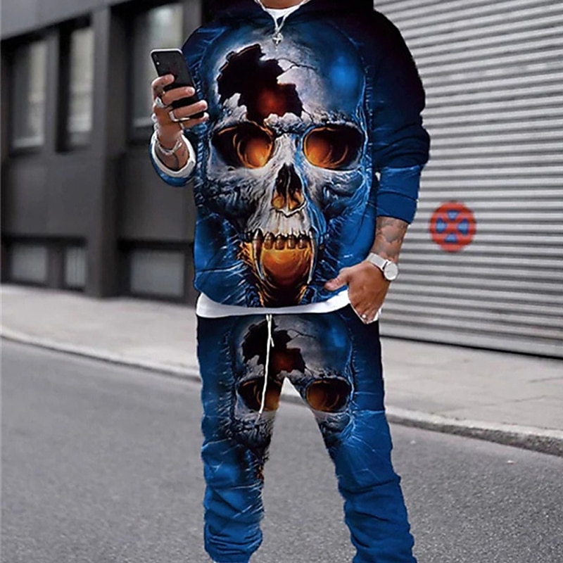 Men's Tracksuit Hoodies Set Blue Orange Red Black Hooded Graphic Skull 2 Piece Print Sports & Outdoor Casual Sports 3D Print Basic Streetwear Sportswear Fall Spring Clothing Apparel Hoodies2