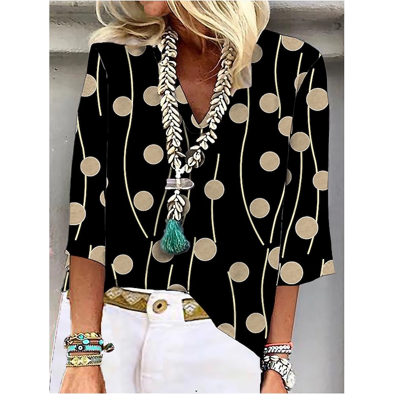 Women's Shirt Button Down Blouse Basic Casual Patchwork Print 3/4 Length Sleeve Regular Tops V Neck Casual Daily Holiday Black Blue