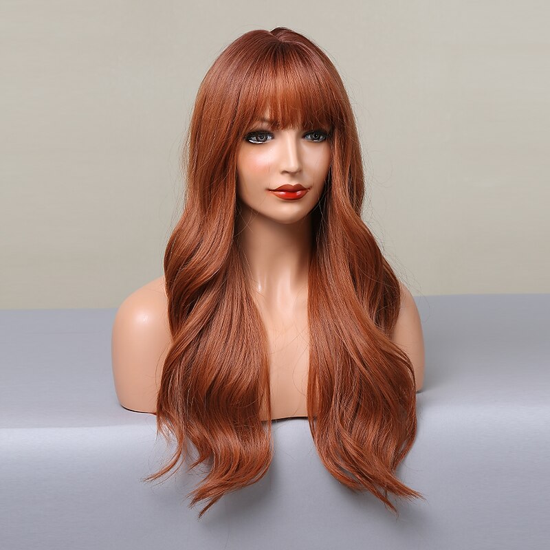 Ombre Auburn Brown Blonde Long Wavy Wigs With Bangs Natural Daily Hair for Women Christmas Party Wigs3