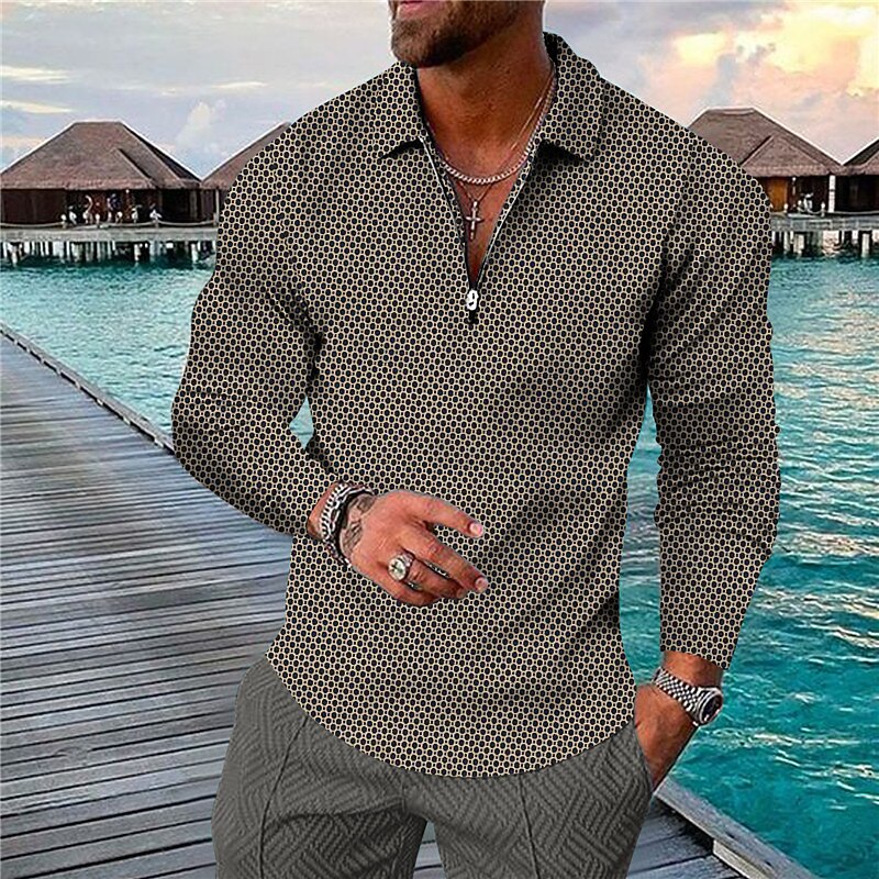 Men's Geometric Hawaiian Polo Shirts Golf Shirt Long Sleeve Polo Shirts Collared Shirts Casual Beach Wear Vacation Wear Party Outfits 3D Print Quarter Zip Polo Yellow Red Brown