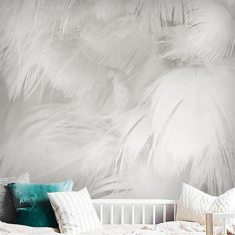 Cool Wallpapers 3D White Feather Wallpaper Wall Mural for Living Room Bedroom TV Background Canvas PVC/Vinyl Material Adhesive Required Wall Decor Home Decoratio Wall Cloth3