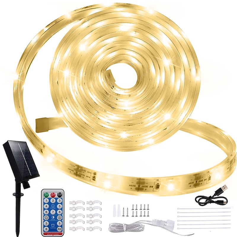 5m 16.4ft RGB Solar Rope Lights Outdoor Waterproof LED Strip Light 300 LEDs SMD2835 with Remote Control 8 Modes Color Changing USB Charging 1000mAh IP67 Decor Automatic Timed2