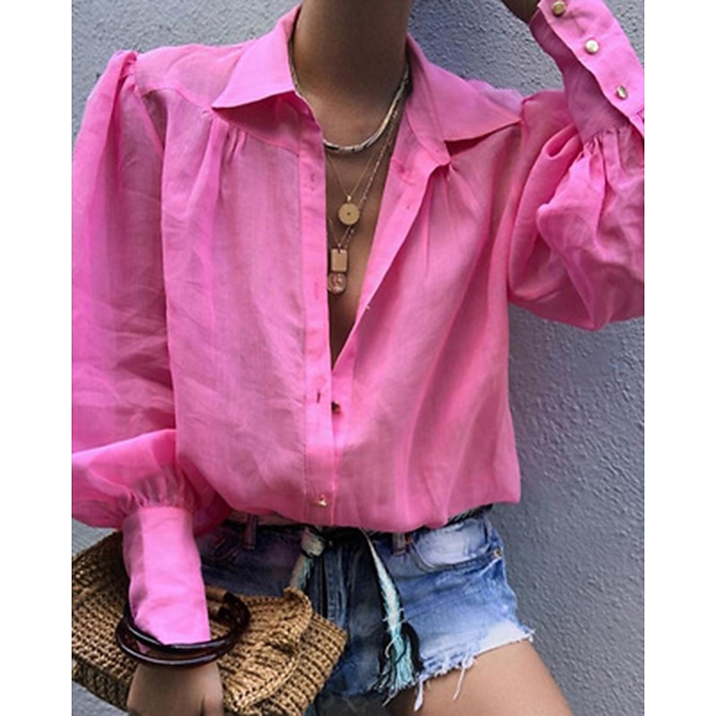 Women's Shirt Blouse Plain Streetwear Casual Long Sleeve Shirt Collar Regular Tops Office Work Business Buttons Black White Pink Orange Green Spring Fall2