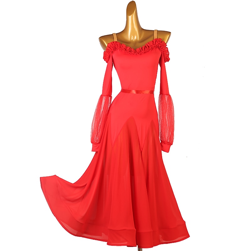 Ballroom Dance Dress Split Joint Women's Training Performance Long Sleeve High Chinlon Chiffon