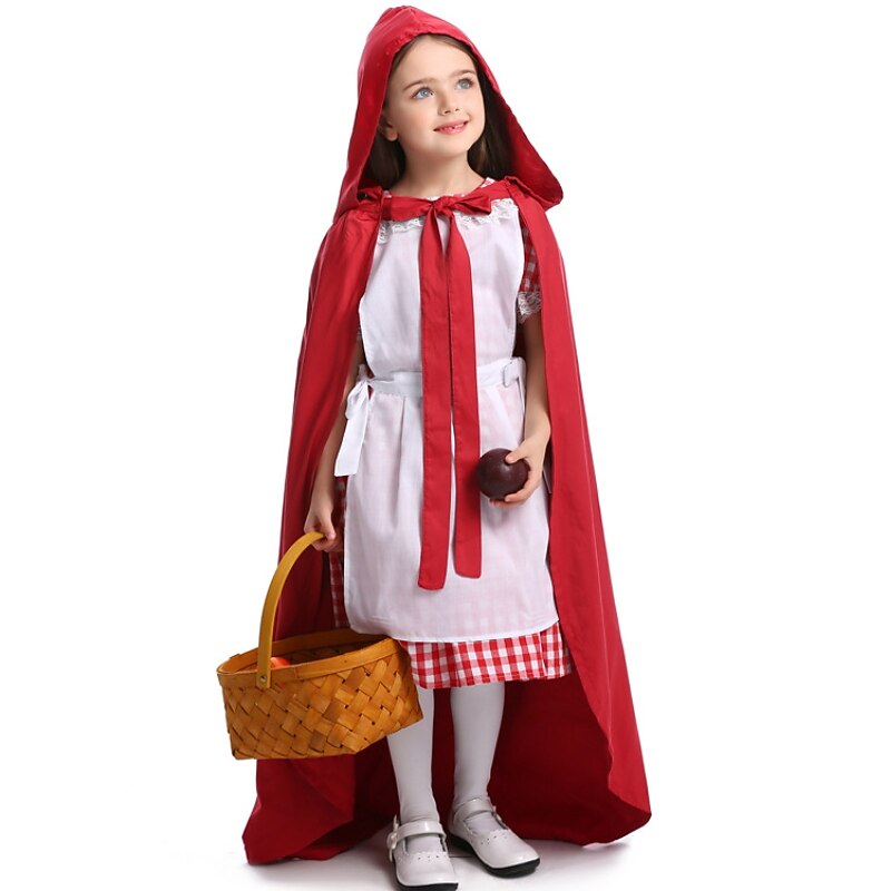 2 Pieces Little Red Riding Hood Dress Cloak Costume Kids Girls' Halloween Book Week Party Performance Dress Up Outfits