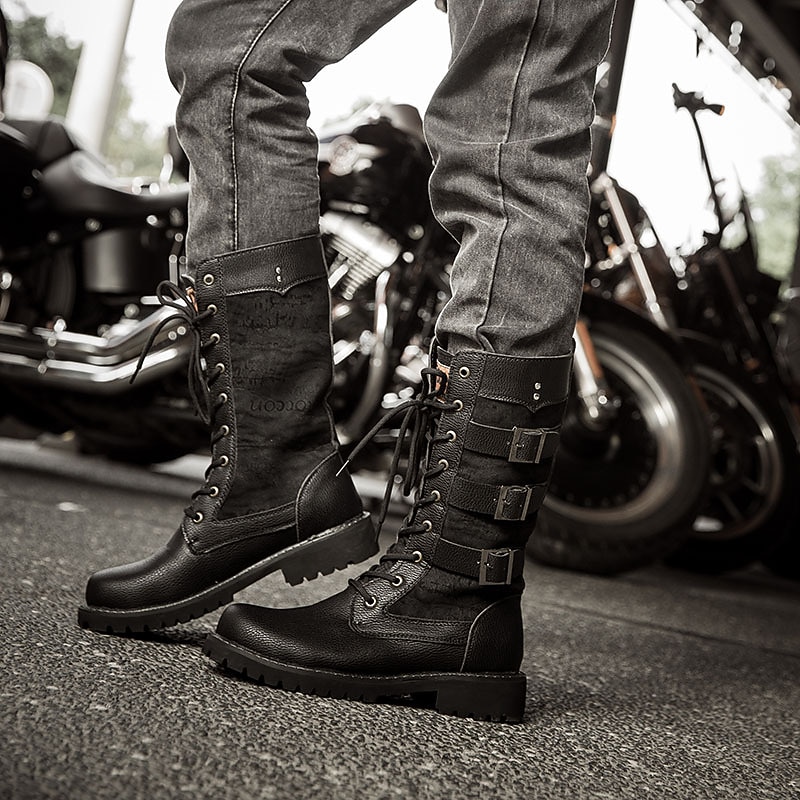 Men's Black Leather Motorcycle Boots with Buckle Straps and Lace-Up Design for Biker Style4