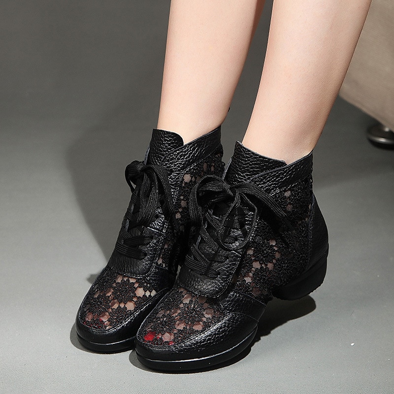 Women's Black and White Lace-Up Dance Boots with Floral Mesh Panels, Breathable Performance Shoes for Latin and Ballroom Dance2