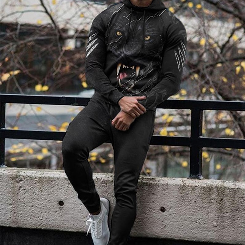 Men's Tracksuit Hoodies Set Yellow Dark Gray Brown Black Hooded Graphic Animal 2 Piece Print Sports & Outdoor Casual Sports 3D Print Basic Streetwear Sportswear Fall Spring Clothing Apparel Hoodies4