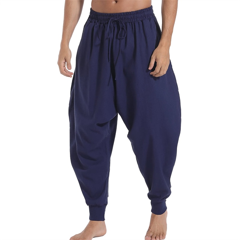 Men's Joggers Trousers Summer Pants Boho Pants Drawstring Elastic Waist Baggy Plain Comfort Breathable Casual Daily Streetwear Sports Fashion Black Navy Blue Micro-elastic2