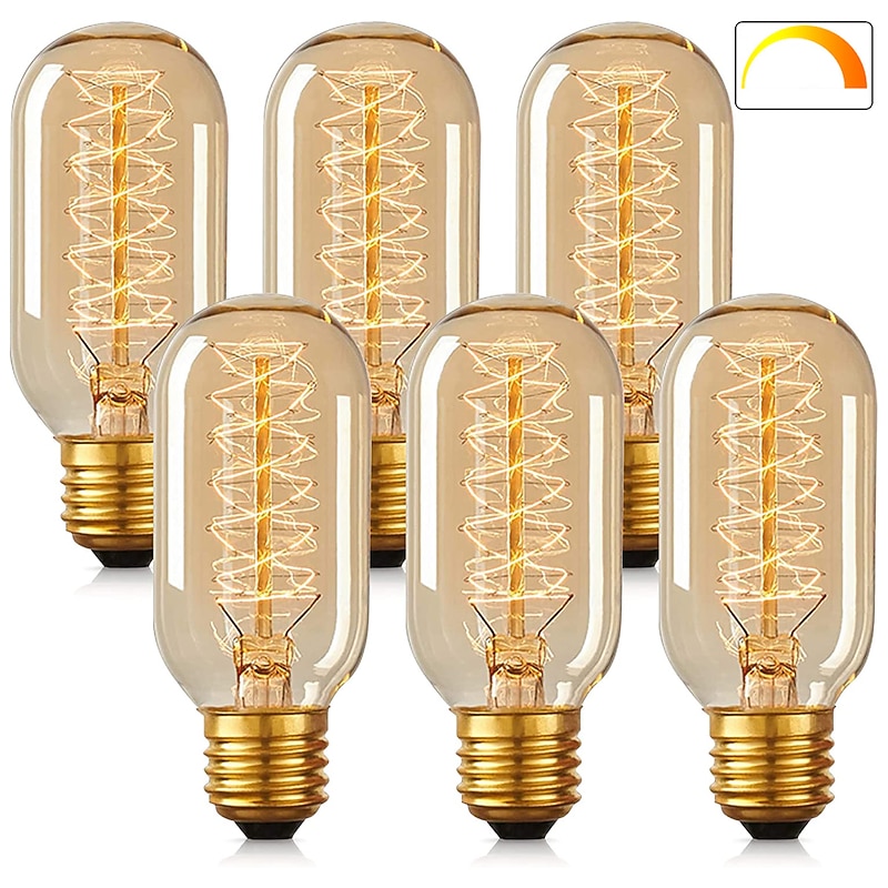 8pcs 6pcs T45 Vintage Edison Incandescent Light Bulb 40W Dimmable Antique Tubular Filament Warm White E26/E27 Amber Lamp for Home Light Fixtures Decorative AC220V AC110V