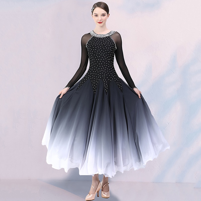 Ballroom Dance Competition  Dress Split Joint Crystals / Rhinestones Women's Training Performance Long Sleeve Mesh Spandex Chiffon3