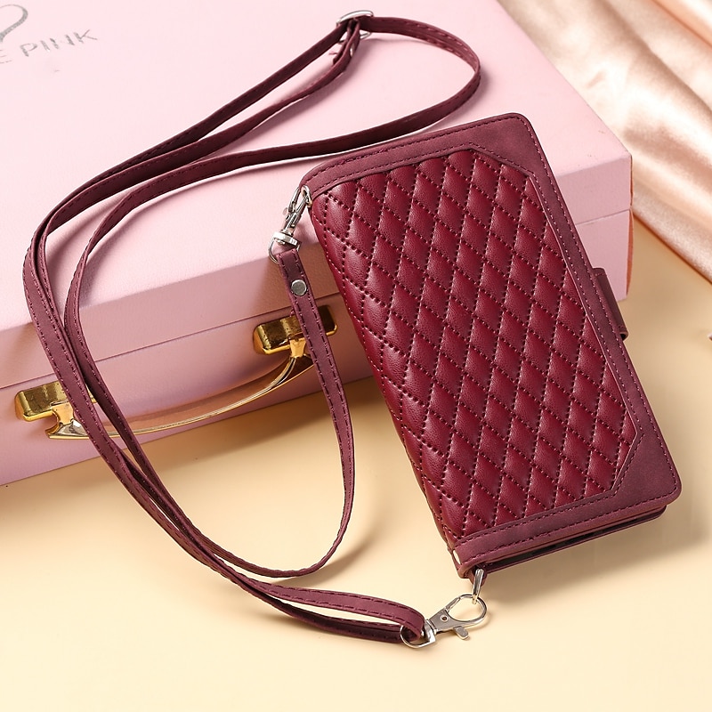 Phone Case For Samsung Galaxy S25 S24 S23 S22 S21 FE S21 Ultra Plus A14 A34 A54 A73 Handbag Purse Wallet Case Zipper with Removable Cross Body Strap With Card Holder Solid Colored Geometric Pattern4