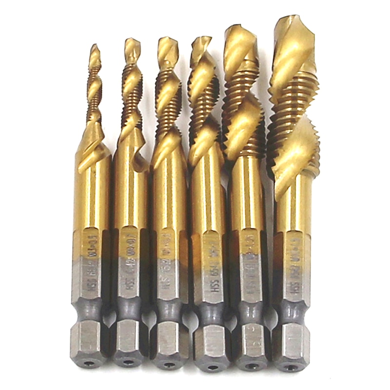 6Pcs Titanium Plated Hex Shank Drill Bits HSS 6542 Screw Thread Metric Tap Screw Machine Compound M3 M4 M5 M6 M8 M10 Hand Tools