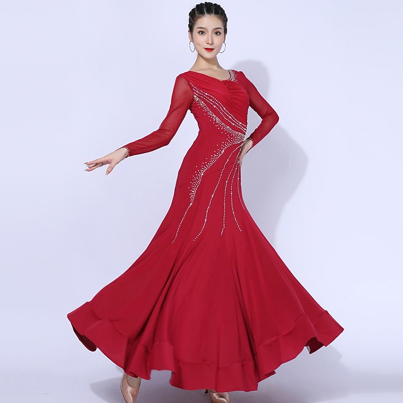 Ballroom Dance Dress Splicing Crystals / Rhinestones Women's Training Performance Long Sleeve Mesh Spandex Polyester3