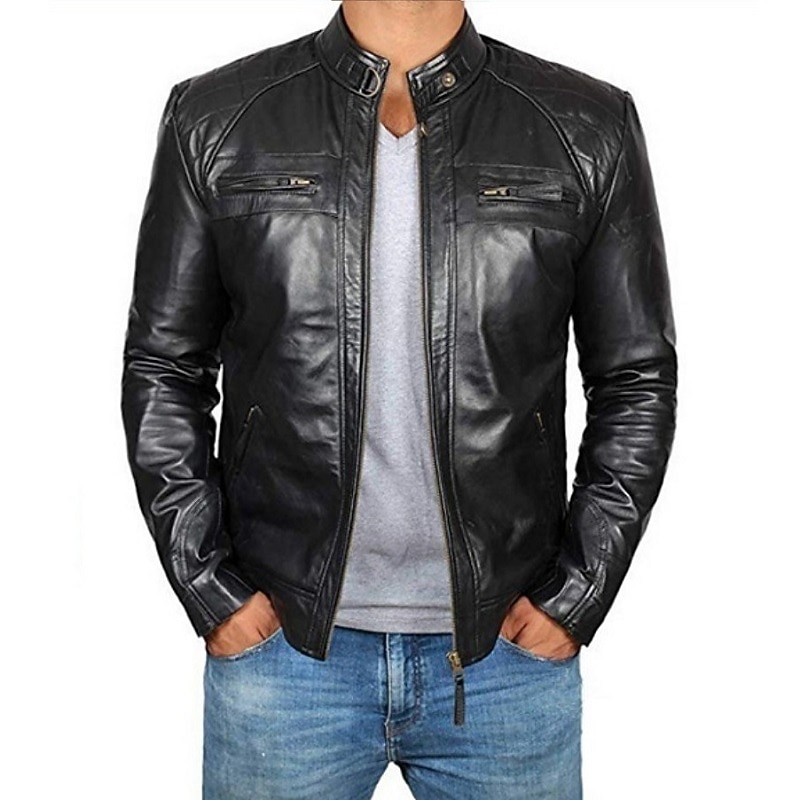 Men's Faux Leather Jacket Transition Jacket Jacket Biker Jacket Outdoor Daily Thermal Warm Windproof Full Zip Fall Solid Color Streetwear Casual Stand Collar Regular Faux Leather Regular Fit Black3