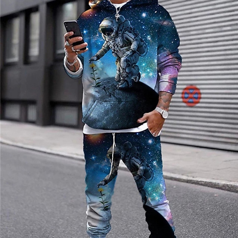 Men's Tracksuit Hoodies Set Royal Blue Blue Purple Light Blue Hooded Graphic Universe 2 Piece Print Sports & Outdoor Casual Sports 3D Print Polyester Streetwear Sportswear Basic Spring Fall Clothing3