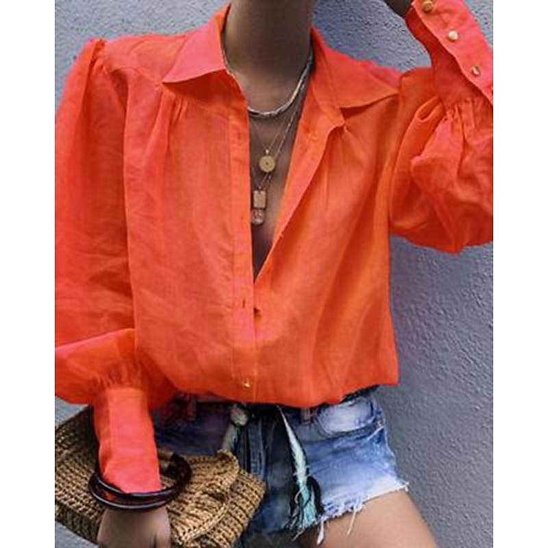 Women's Shirt Blouse Plain Streetwear Casual Long Sleeve Shirt Collar Regular Tops Office Work Business Buttons Black White Pink Orange Green Spring Fall3