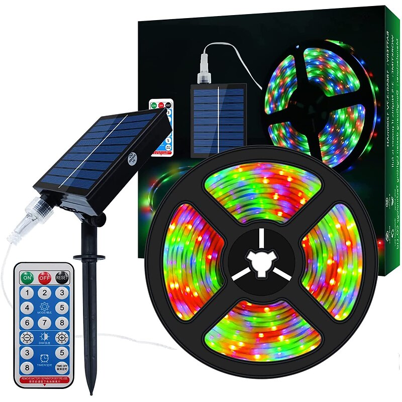 5m 16.4ft RGB Solar Rope Lights Outdoor Waterproof LED Strip Light 300 LEDs SMD2835 with Remote Control 8 Modes Color Changing USB Charging 1000mAh IP67 Decor Automatic Timed