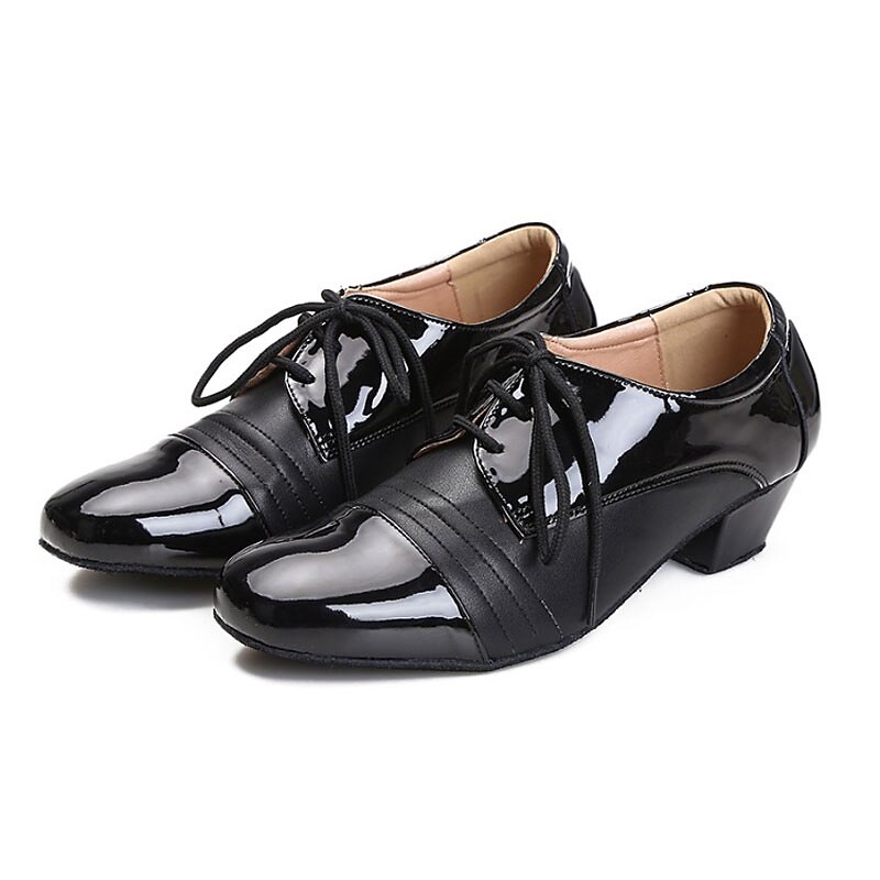 Men's Black Patent Leather Ballroom Dance Shoes – Latin Tango Performance Lace-Up Shoes with Low Heel2