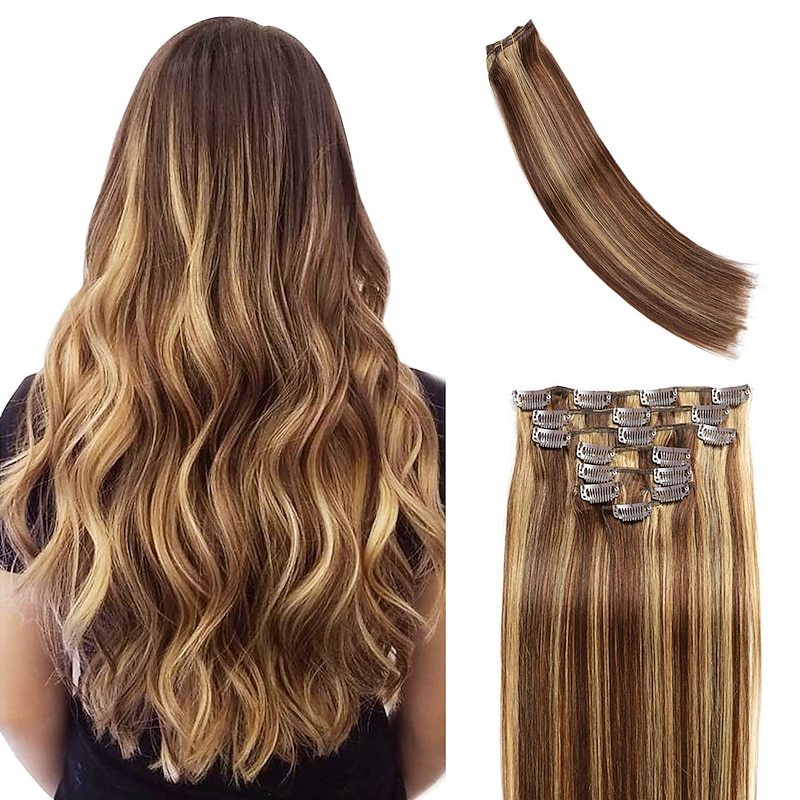 Clip In Hair Extensions Human Hair 8pcs Pack Straight Natural Color Hair Extensions