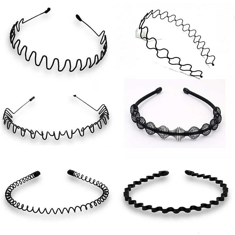 6PCS Metal Hair Bands Spring Wavy Hair Hoop Unisex Black Wavy Headband Slicked Back Headband Non Slip Sports Hairband for Women Men