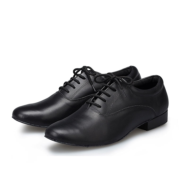 Men's Black Leather Ballroom Dance Shoes – Lace-Up Latin Tango Performance Shoes with Suede Sole for Professionals and Beginners2