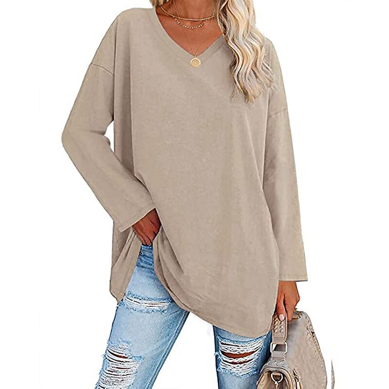 Women's T Shirt Plain Basic Long Sleeve V Neck Regular Tops Valentine's Day Casual Weekend White Yellow Pink Red Blue Fall & Winter 26