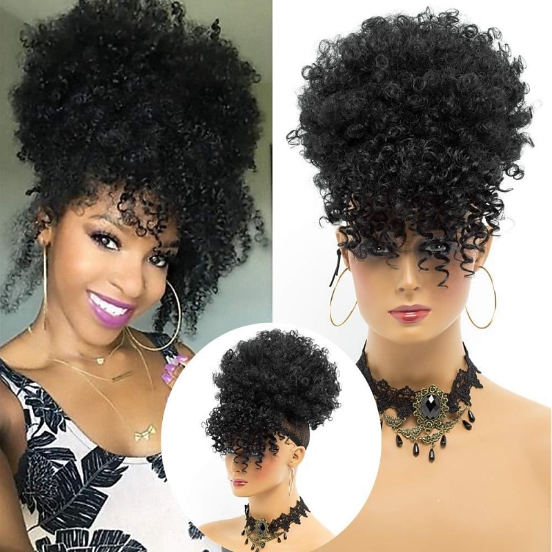 Afro High Puff Hair Bun Drawstring Ponytail With Bangs Short Kinky Curly Pineapple Pony Tail Clip in on Wrap Updo Ponytail Extensions