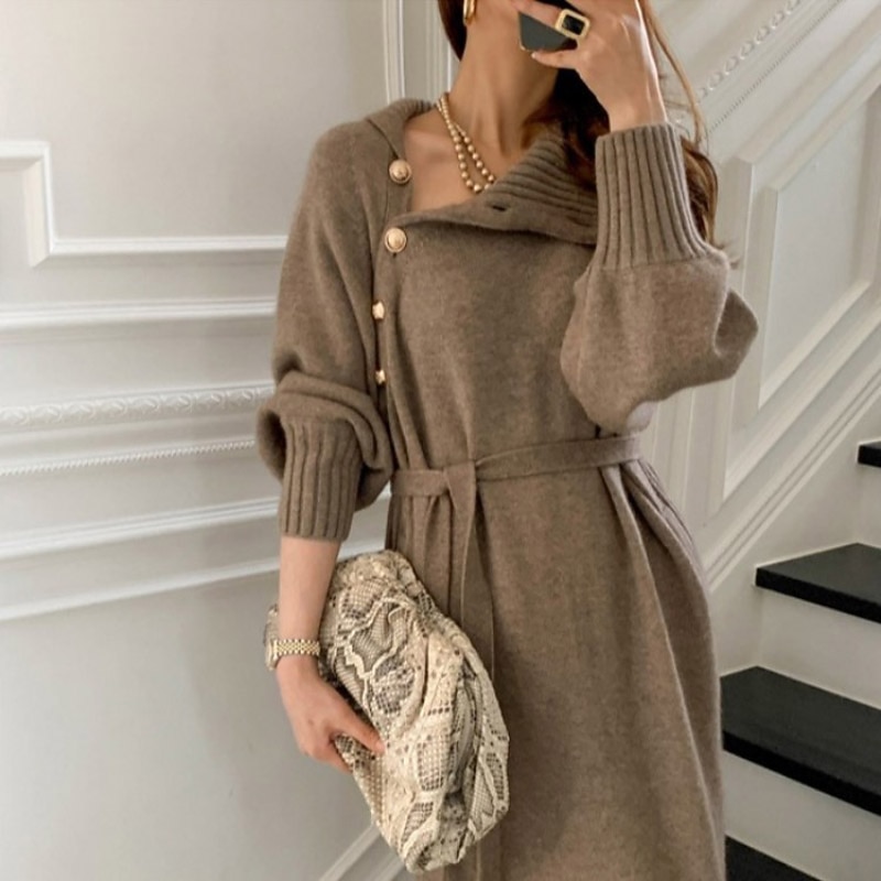 Women's Sweater Dress Jumper Dress Winter Dress Knee Length Dress Knitwear Stylish Mature Pure Color Outdoor Winter Dress Holiday Weekend Turtleneck Long Sleeve Tie Front Button Knit 2023 Loose Fit2