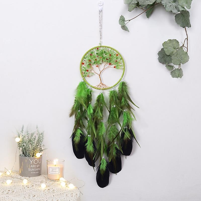 Life Of Tree Green Dream Catcher Handmade Gift Feather Hook Wind Chime Ornament Wall Hanging Decor Art Boho Style 16*70cm