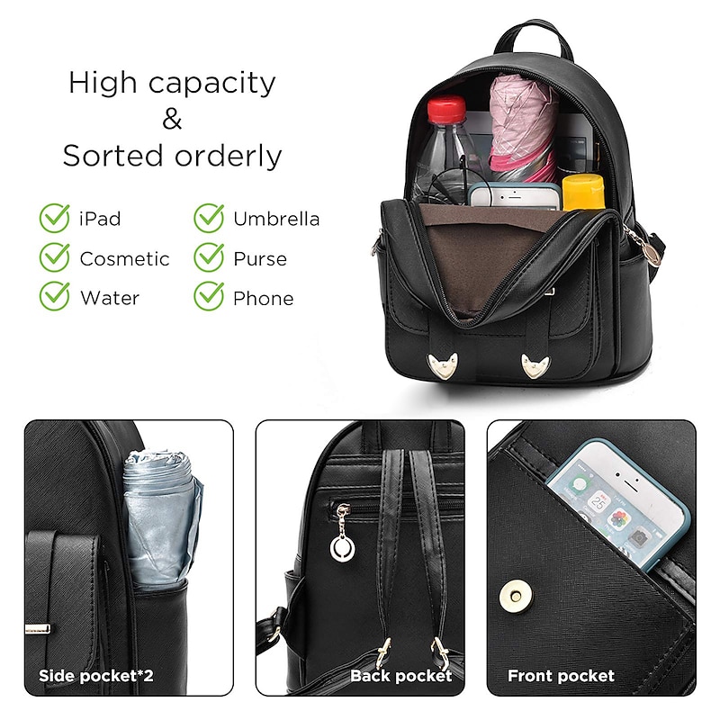Backpack Purse for Women Large Capacity Leather Shoulder Bags Cute Mini Backpack for Girls,Black, Back to School Gift2