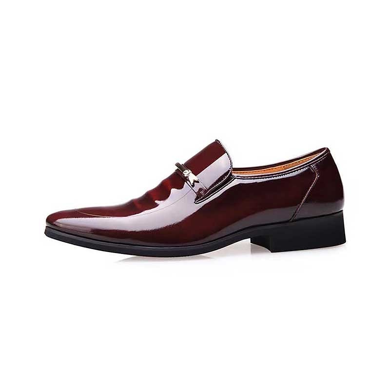 Men's Burgundy Patent Faux Leather Loafers – Elegant Slip-On Dress Shoes with Metal Accent for Formal Events and Office Wear