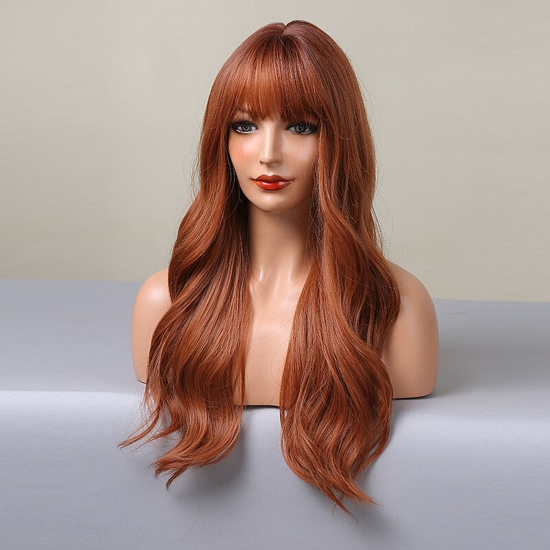 Ombre Auburn Brown Blonde Long Wavy Wigs With Bangs Natural Daily Hair for Women Christmas Party Wigs4