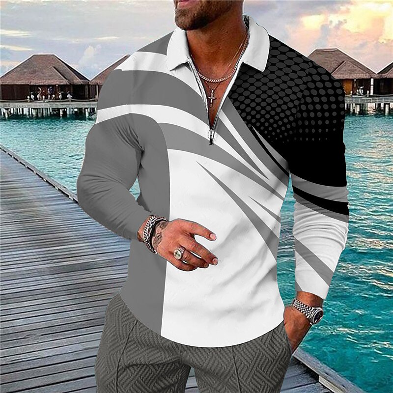 Men's Geometric Hawaiian Polo Shirts Golf Shirt Long Sleeve Polo Shirts Collared Shirts Casual Beach Wear Vacation Wear Party Outfits 3D Print Quarter Zip Polo Red Blue Dusty Blue3