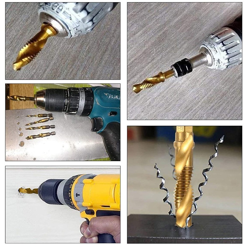 6pcs 1/8-3/8 Inch Thread HSS Combination Drill Tap Bit Set 1/4 Inch Hex Shank Deburr Countersink Bits3