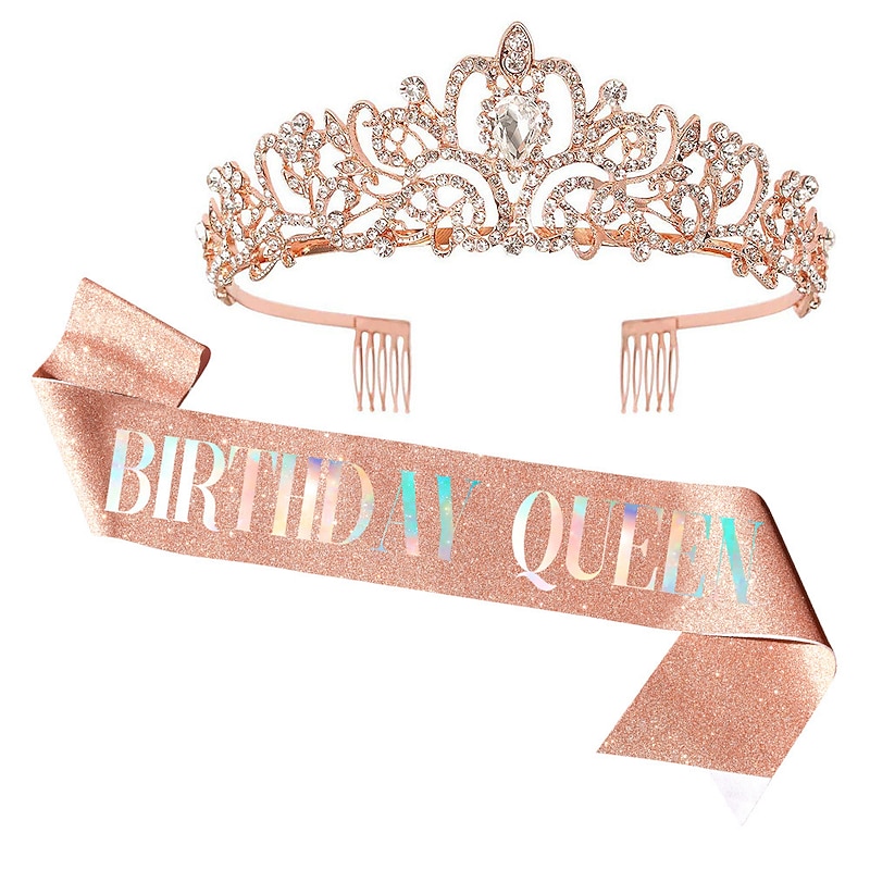 Birthday Crown & Birthday Girl Sash Set, Rhinestone Tiaras and Crowns for Women Girls Gold Tiara Birthday Gold Sash Princess Tiaras Queen Crowns for Birthday Party Photoshoot4