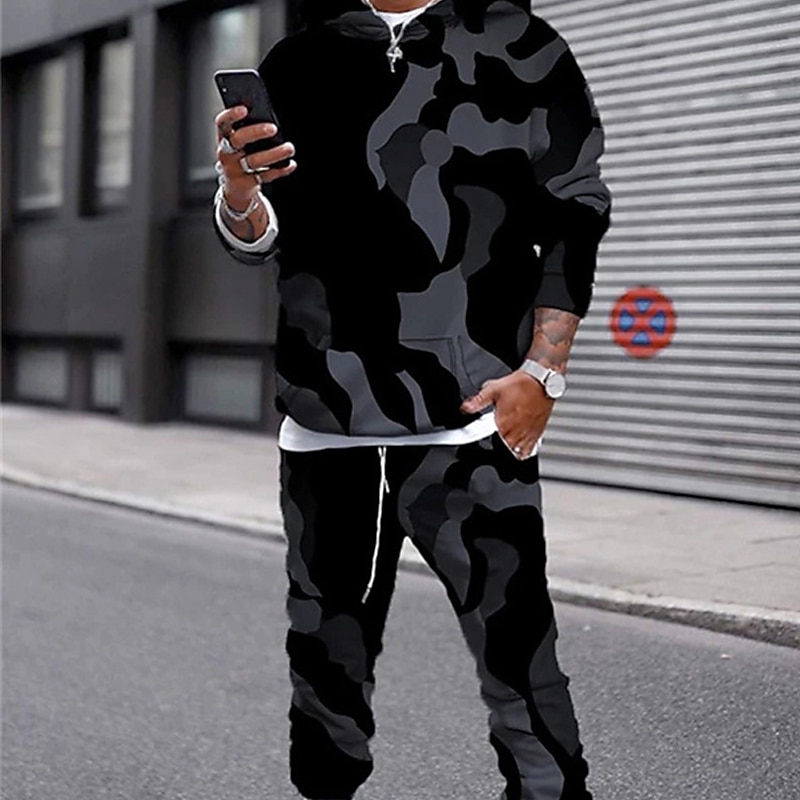 Men's Tracksuit Hoodies Set Blue Orange Red Black Hooded Graphic Skull 2 Piece Print Sports & Outdoor Casual Sports 3D Print Basic Streetwear Sportswear Fall Spring Clothing Apparel Hoodies