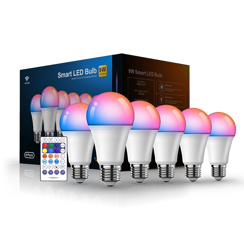 6pcs 4pcs 2pcs 10W Smart WiFi LED Light Bulb RGBCCT Color Changing A19 A60 Dimmable Work with Alexa and Google Home Without Hub3