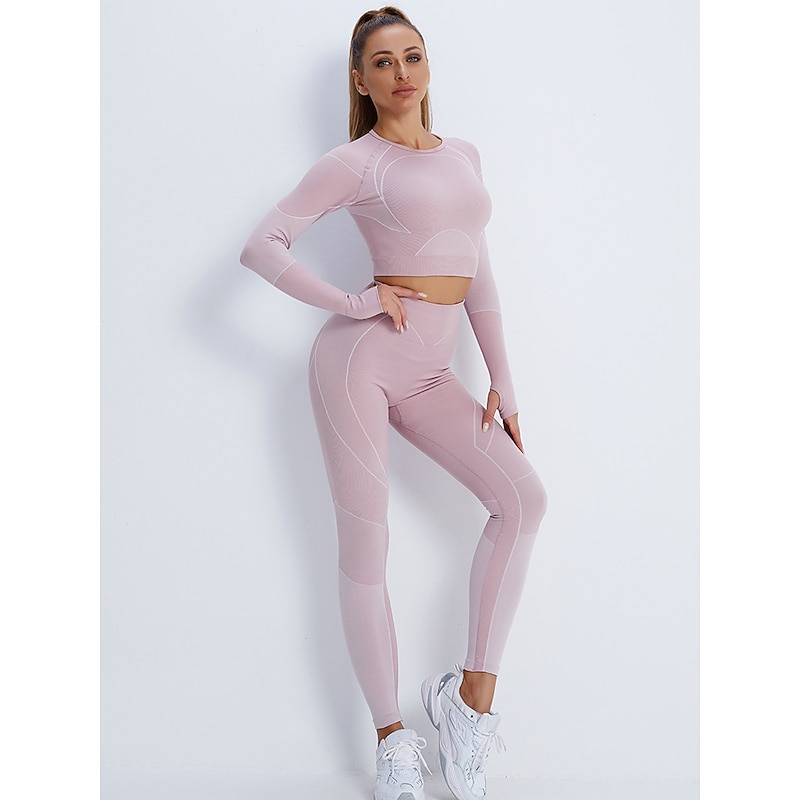Women's Activewear Set Workout Sets Winter 2 Piece Cropped Stripes Leggings Crop Top Yellow Pink Spandex Yoga Fitness Gym Workout Tummy Control Butt Lift Breathable Sport Activewear Stretchy 15