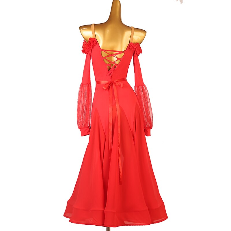 Ballroom Dance Dress Split Joint Women's Training Performance Long Sleeve High Chinlon Chiffon4